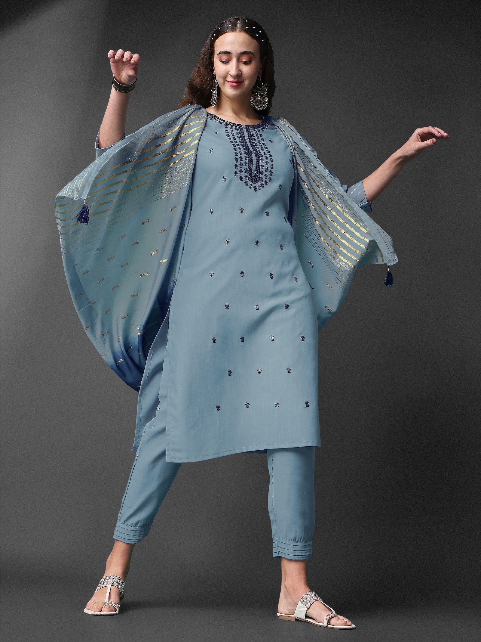 Round Shape Embroidery Worked Sky Blue Rayon Slub Kurta Set