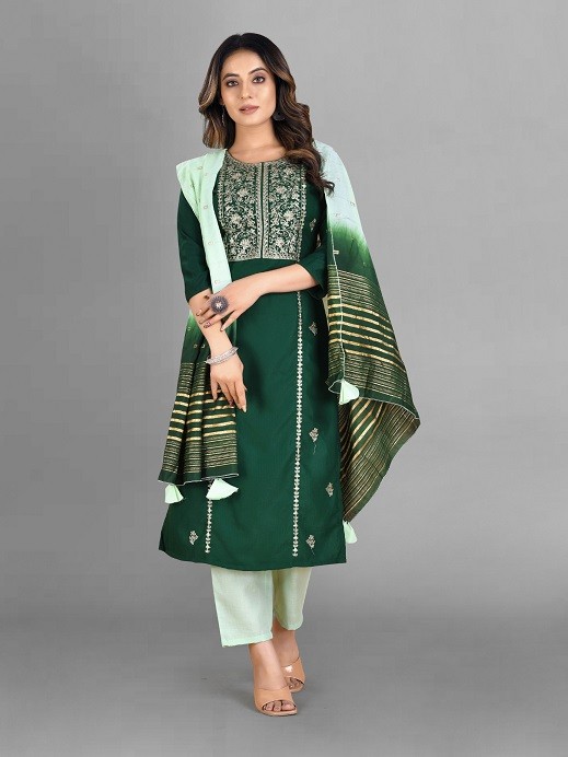 Party Wear Green Embroidery Worked Kurta Set with Pant and Dupatta