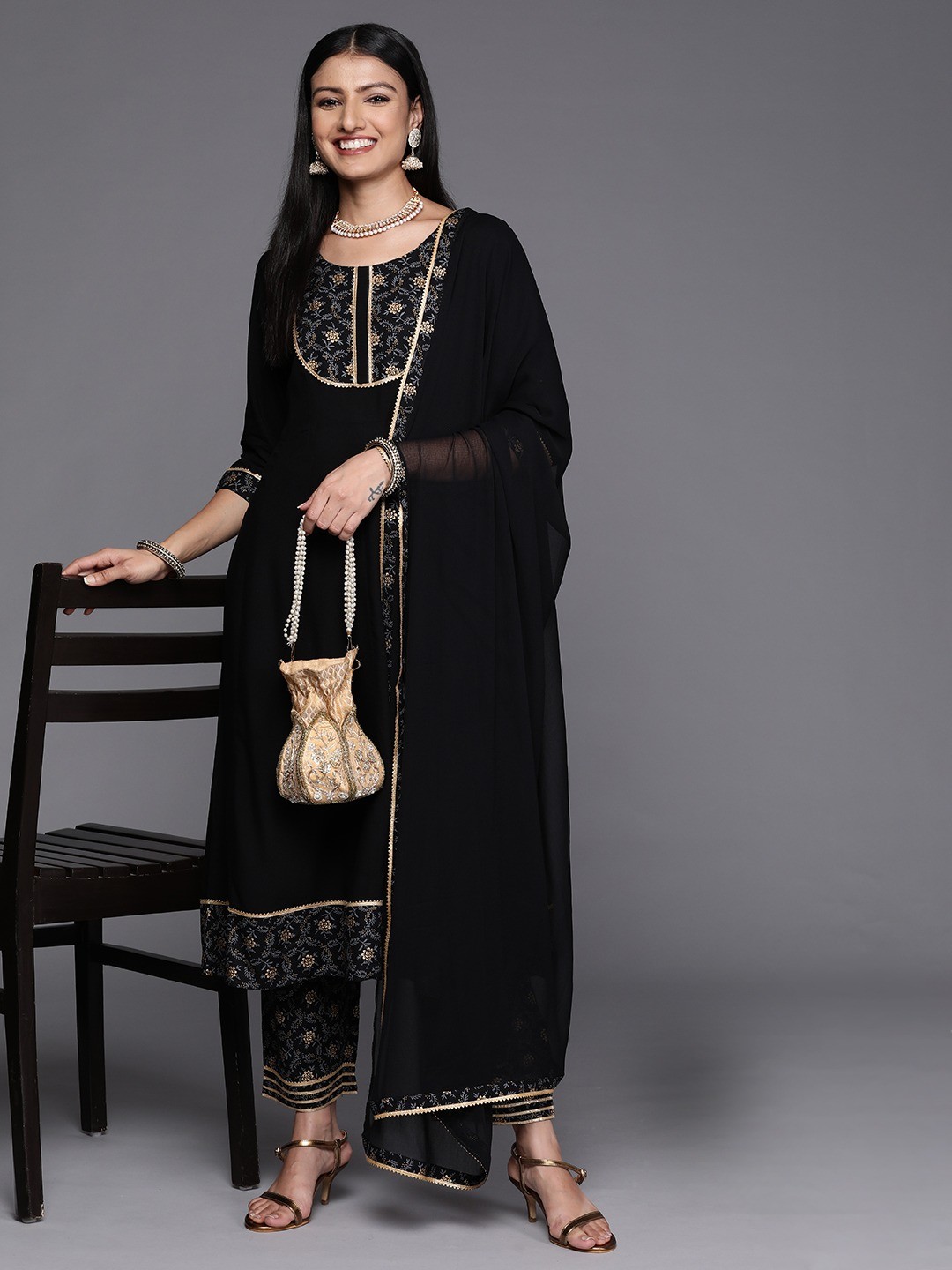 Party Wear Black Embroidery Worked Kurta Set with Pant and Dupatta