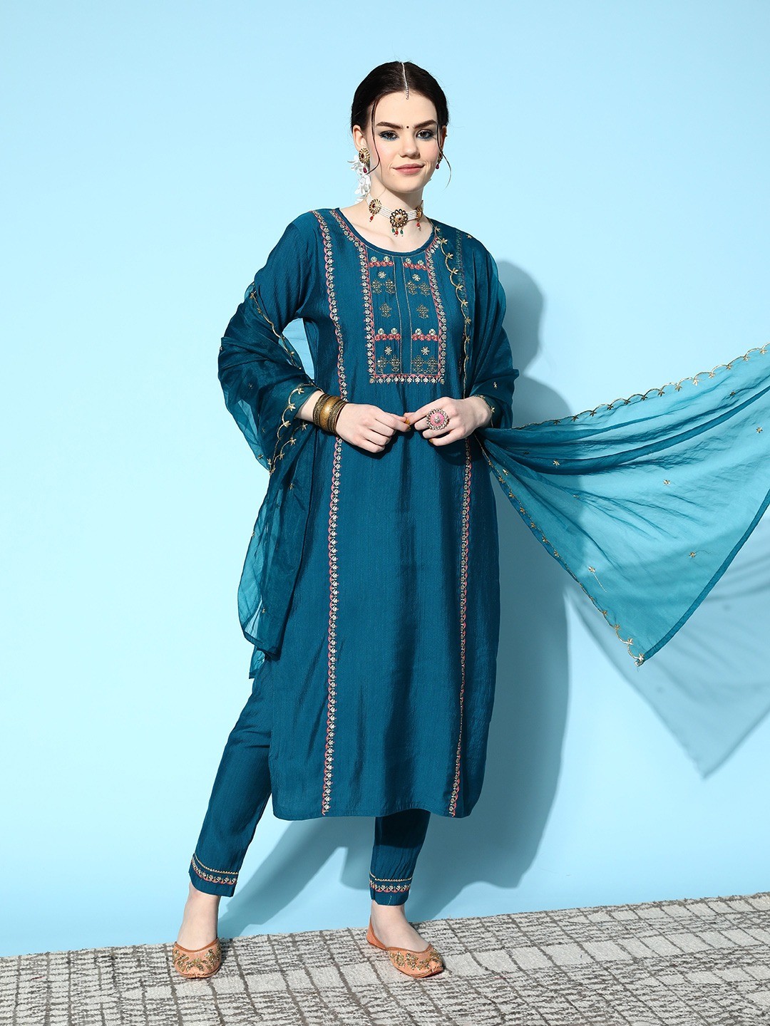 Party Wear Embroidered Kurta Set with Pants and Dupatta in Petrol