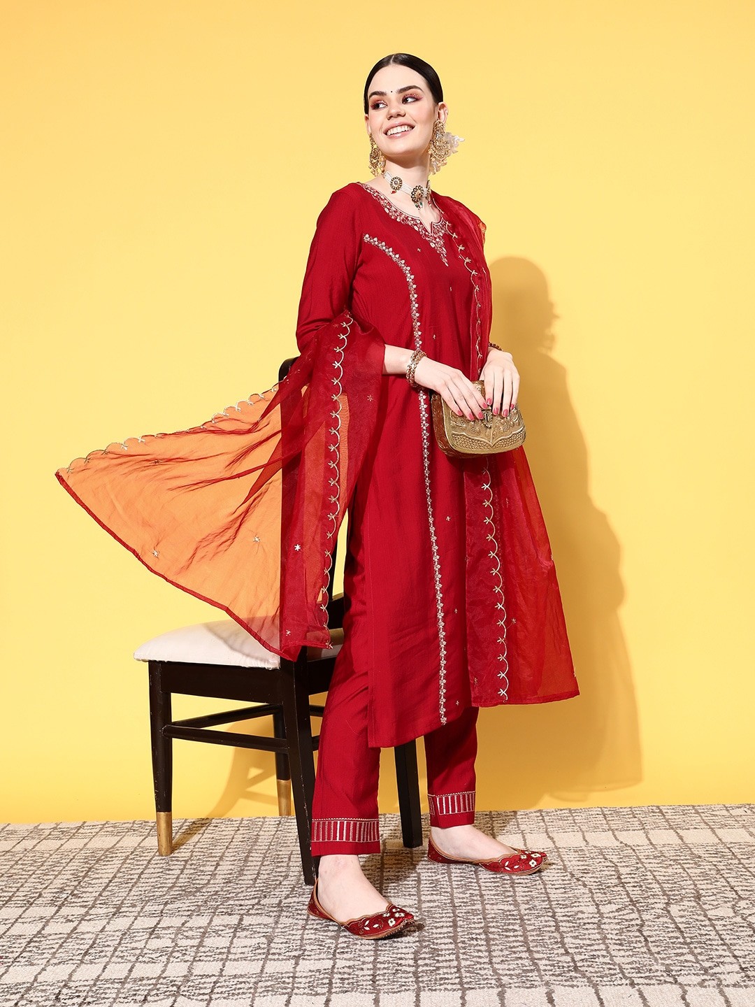 Embroidered Red Kurta Party Wear Set with Dupatta and Pants