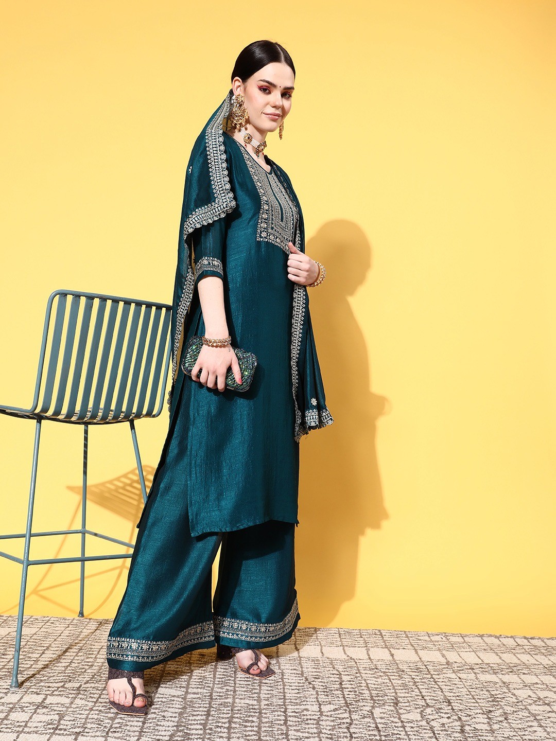 Embroidered Party Wear Kurta Set in Pastel Green with Pants and Dupatta