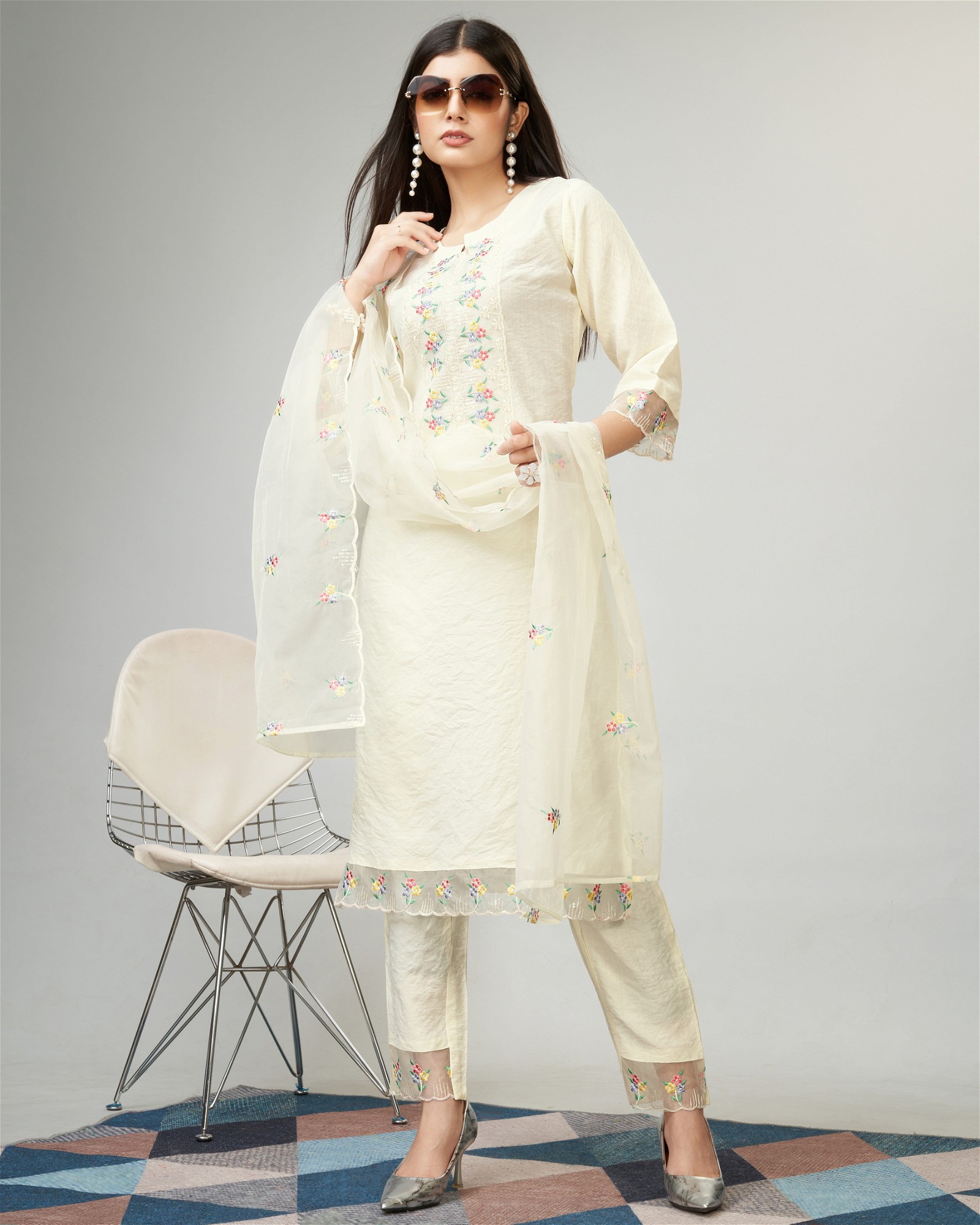 Party Wear Off White Embroidery Worked Kurta Set with Pant and Dupatta