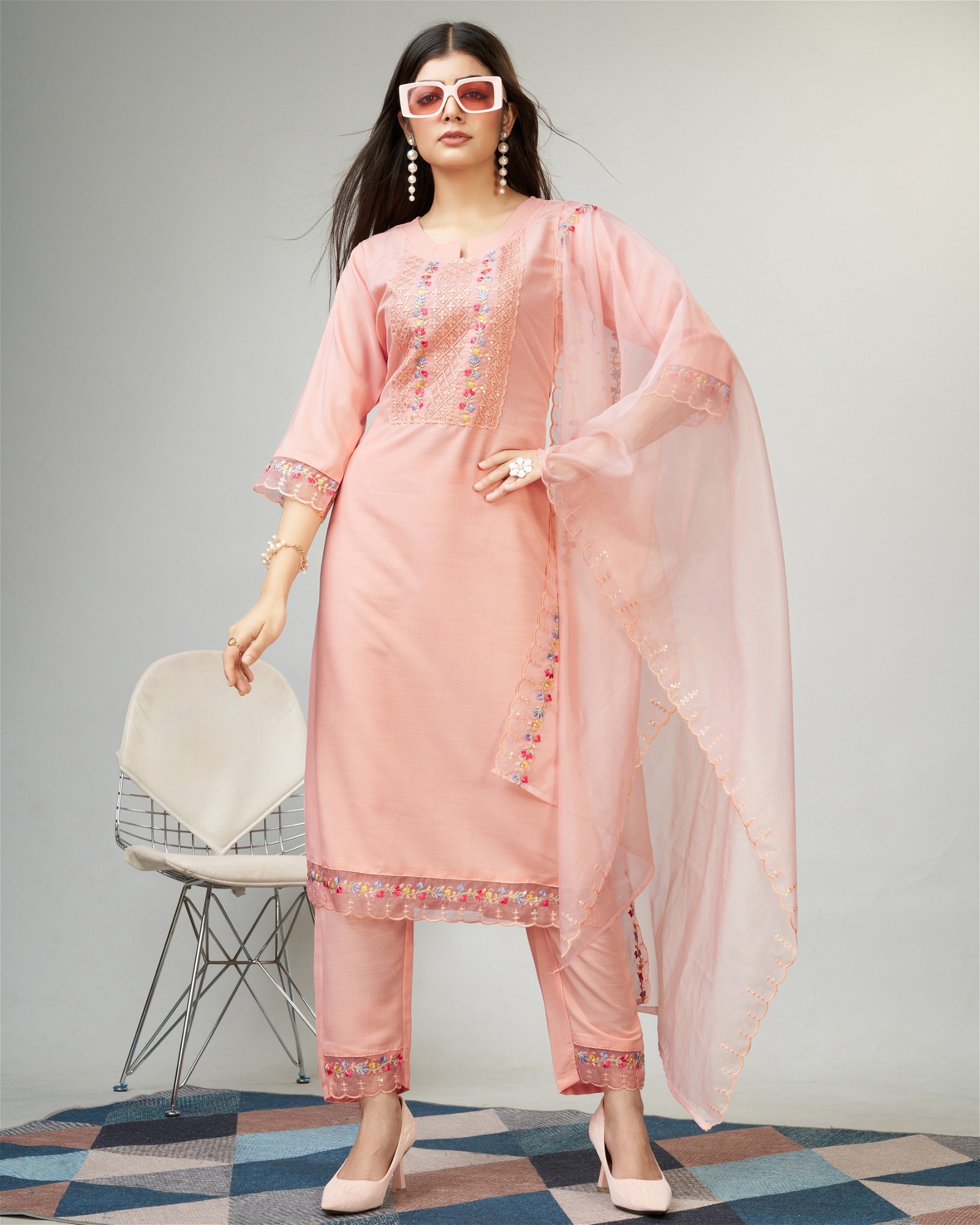 Party Wear Peach Embroidery Worked Kurta Set with Pant and Dupatta