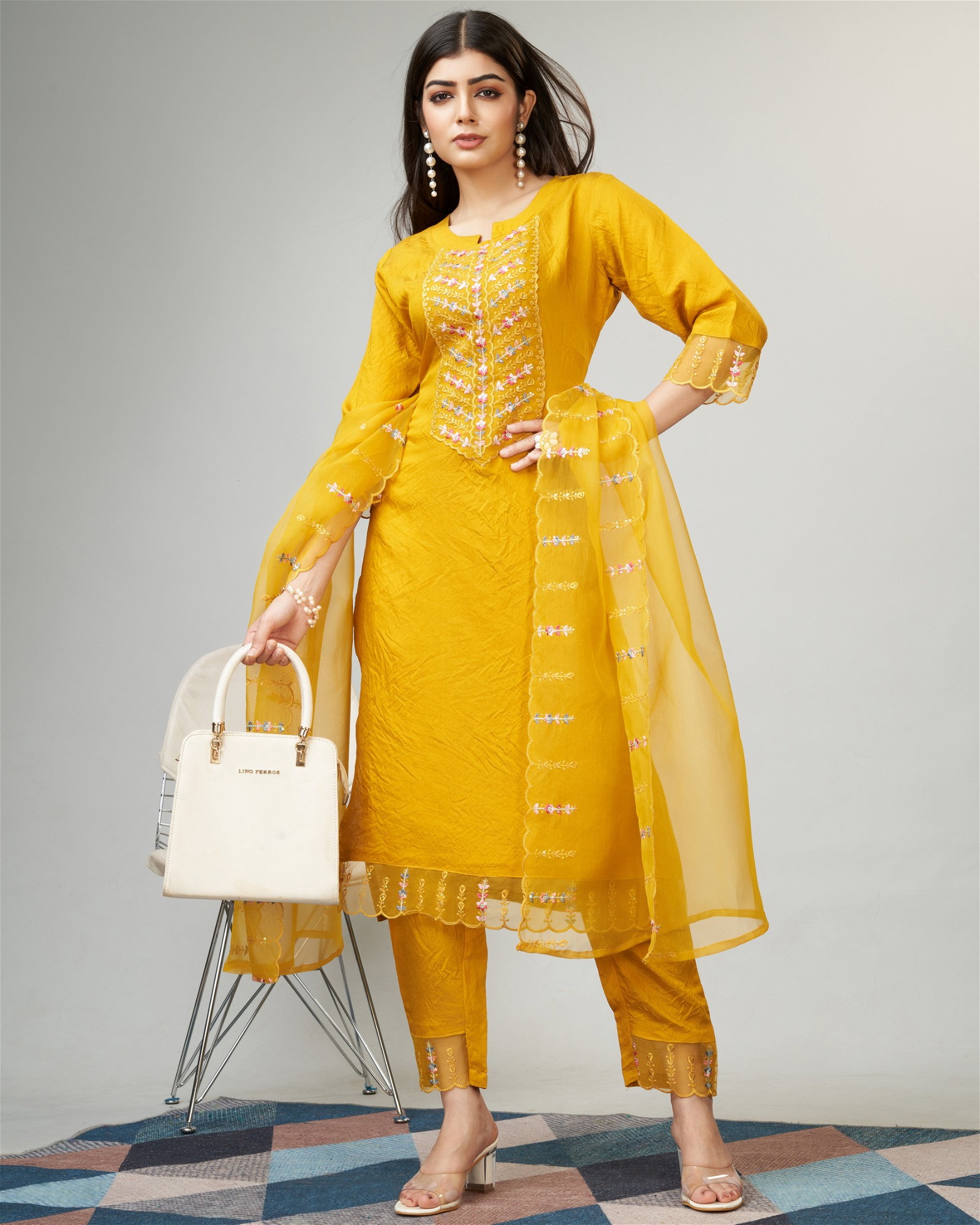 Embroidered Party Wear Kurta Set in Yellow with Pants and Dupatta