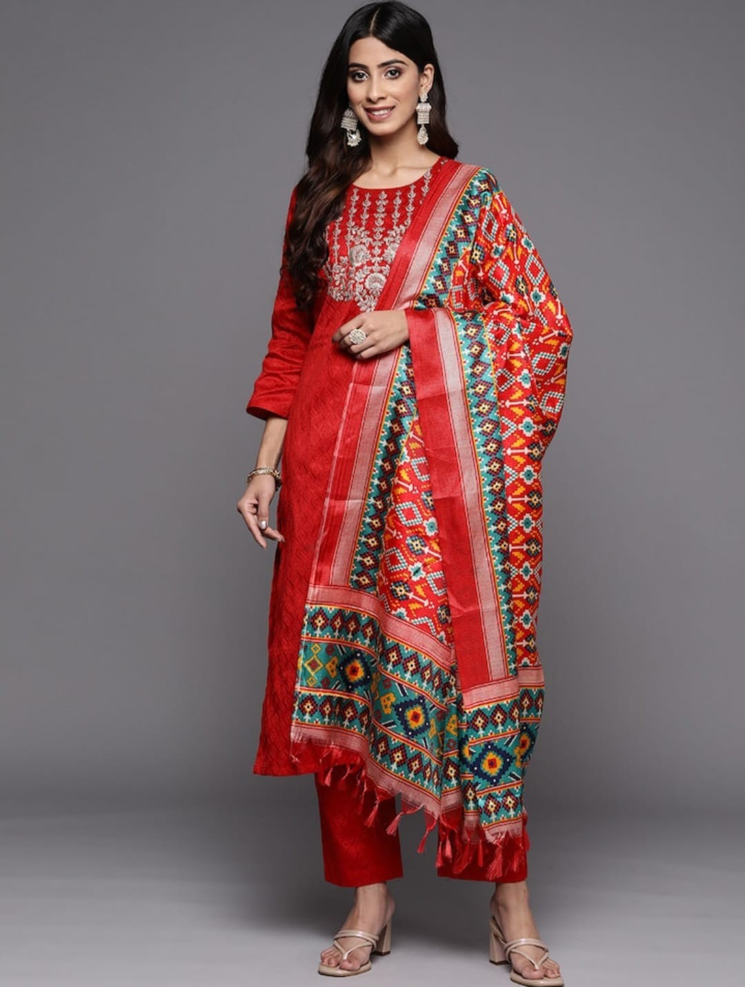 Embroidered Red Kurta Party Wear Set with Dupatta and Pants