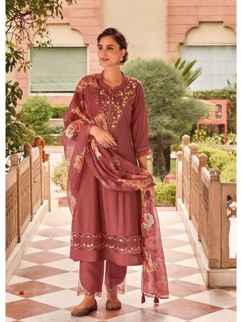 Embroidered Peach Kurta Set with Pants and Dupatta for Party Wear