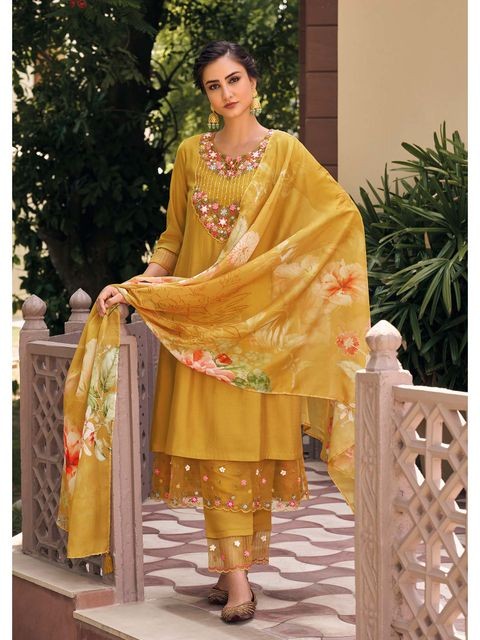 Party Wear Mustard Kurta Set with Embroidered Detailing and Pants Dupatta Duo