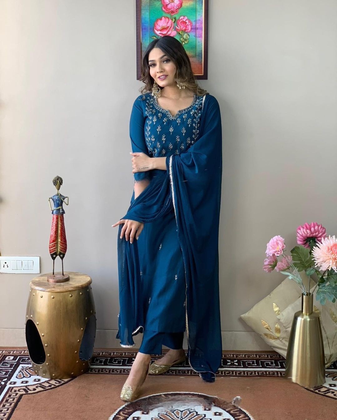 Embroidered Party Wear Kurta Set in Blue with Pants and Dupatta