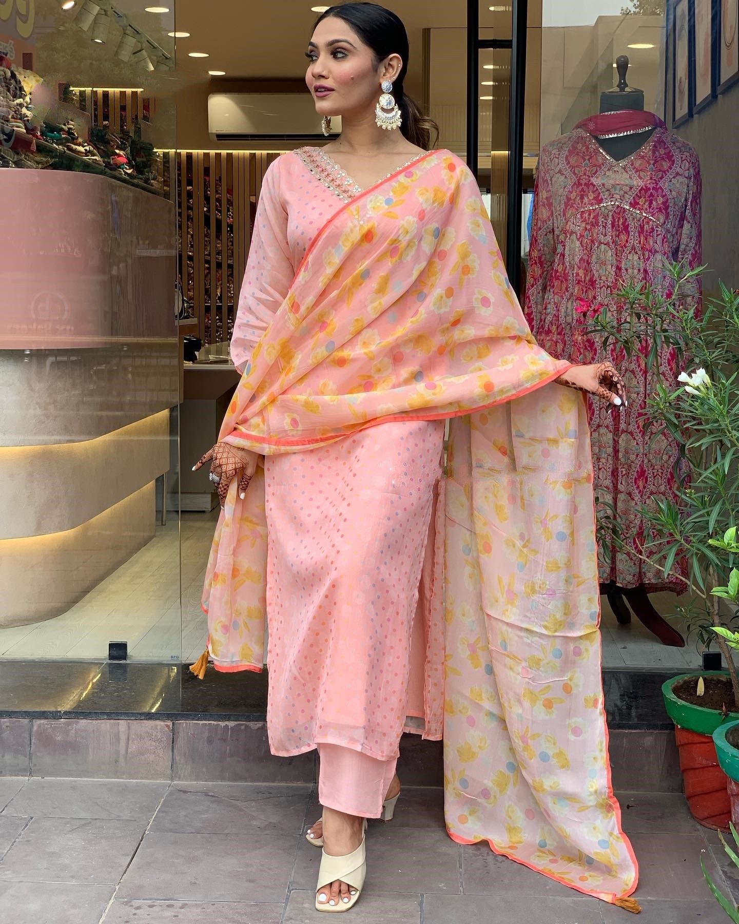 Embroidered Kurta Party Set in Peach with Pants and Dupatta