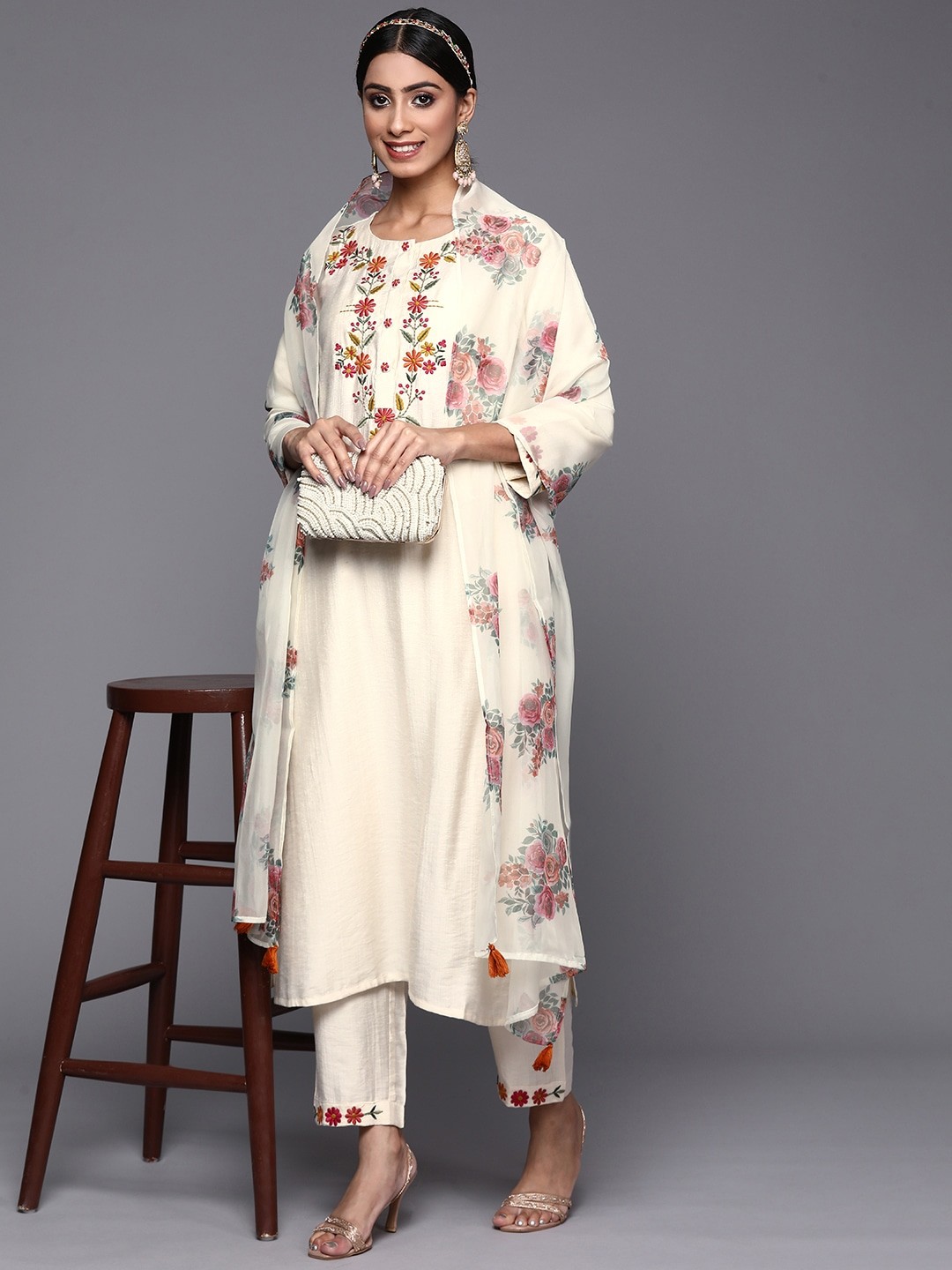 Pant and Dupatta Set with Off-White Embroidered Kurta for Party Wear