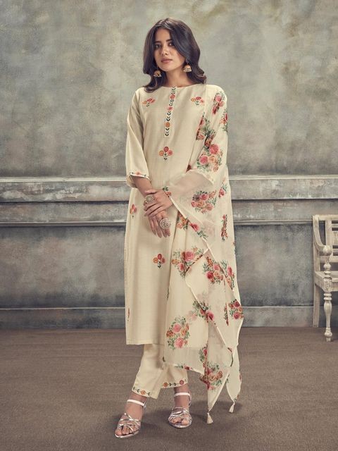 Embroidered Party Wear Kurta Set in Off-White with Dupatta and Pants