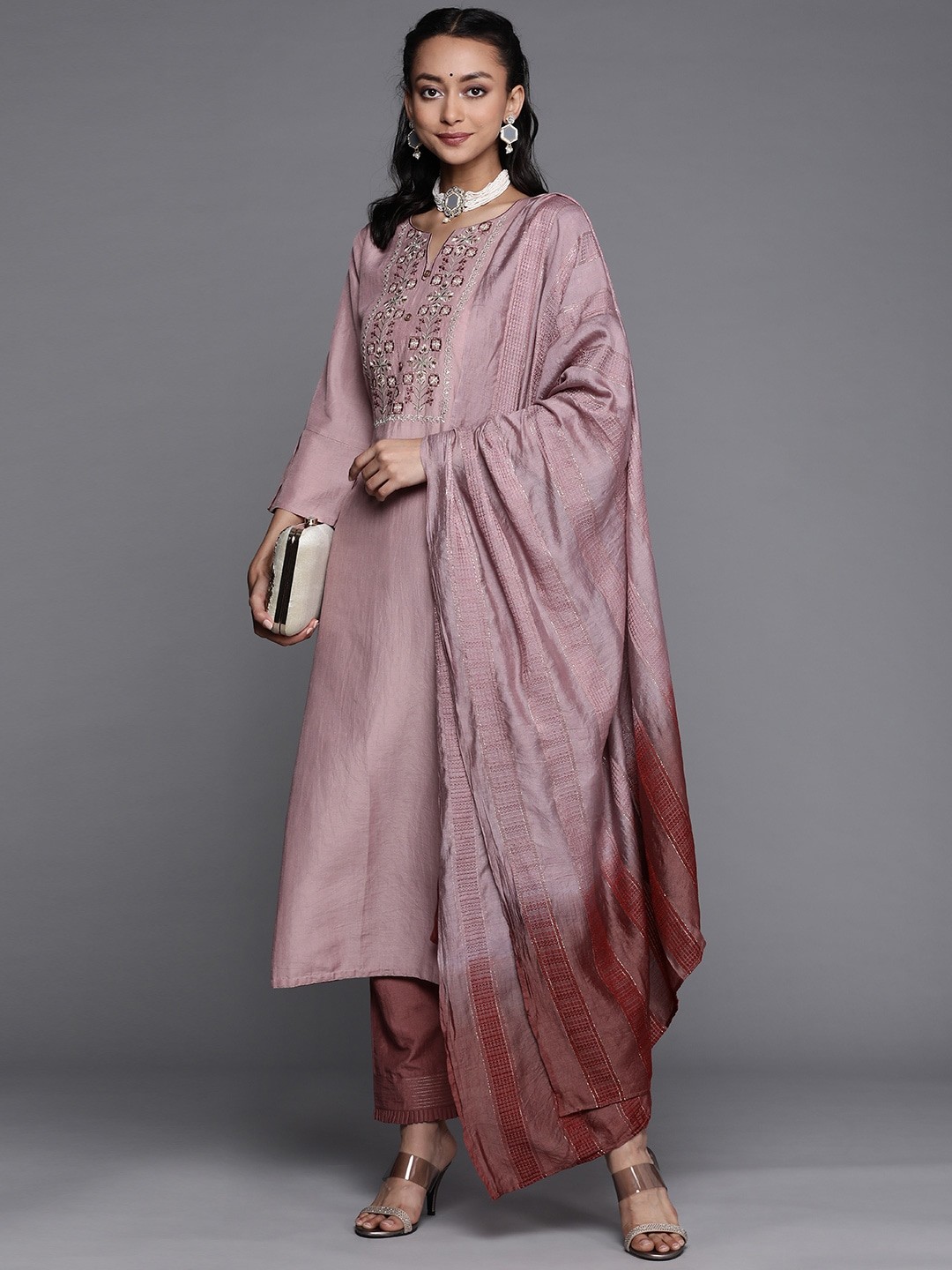 Embroidered Party Wear Kurta Set in Purple with Pants and Dupatta