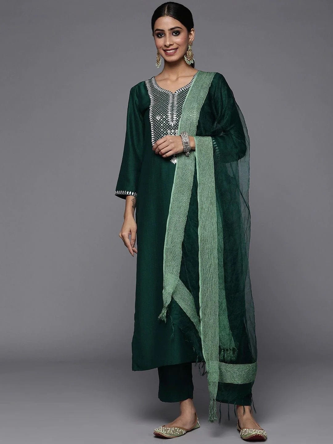 Embroidered Green Kurta Party Wear Set with Dupatta and Pant