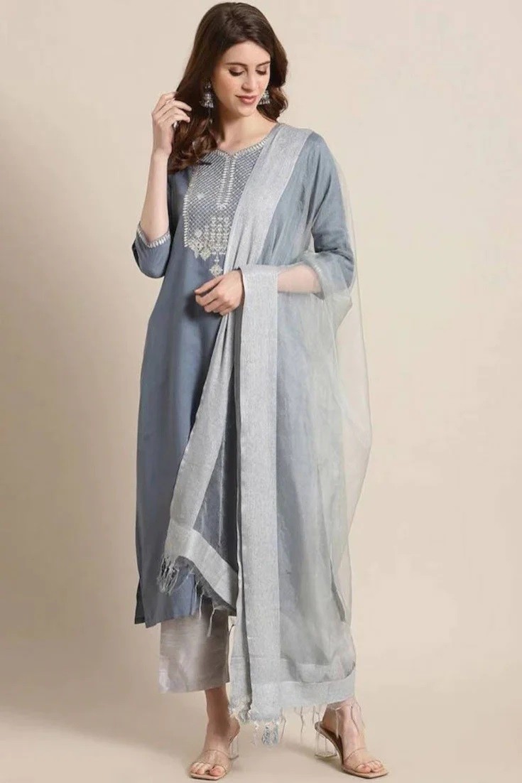 Embroidered Party Wear Kurta Set in Grey with Pant and Dupatta