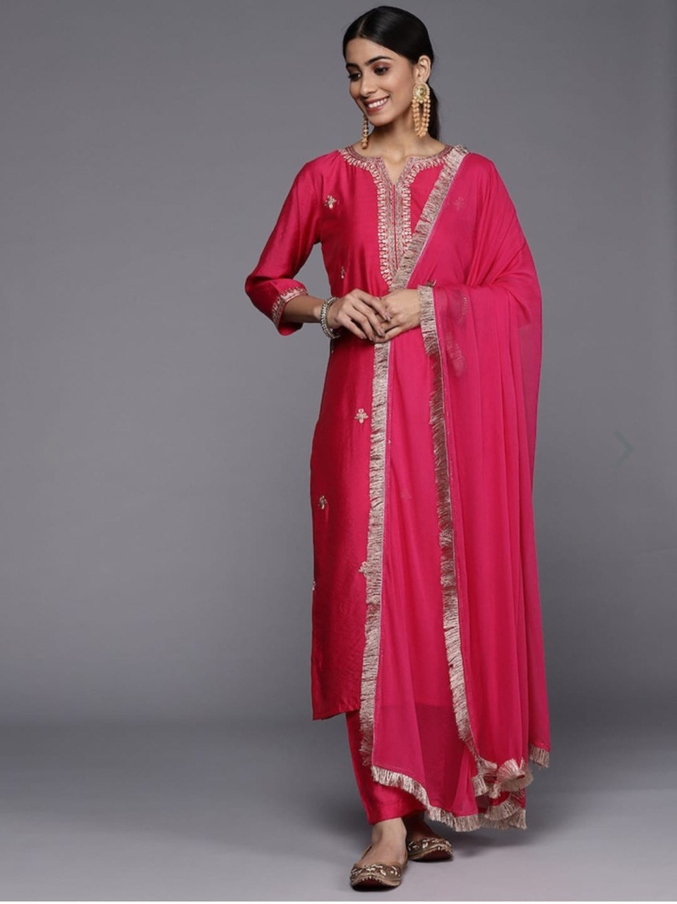 Party Wear Embroidered Kurta Set in Red with Pant and Dupatta