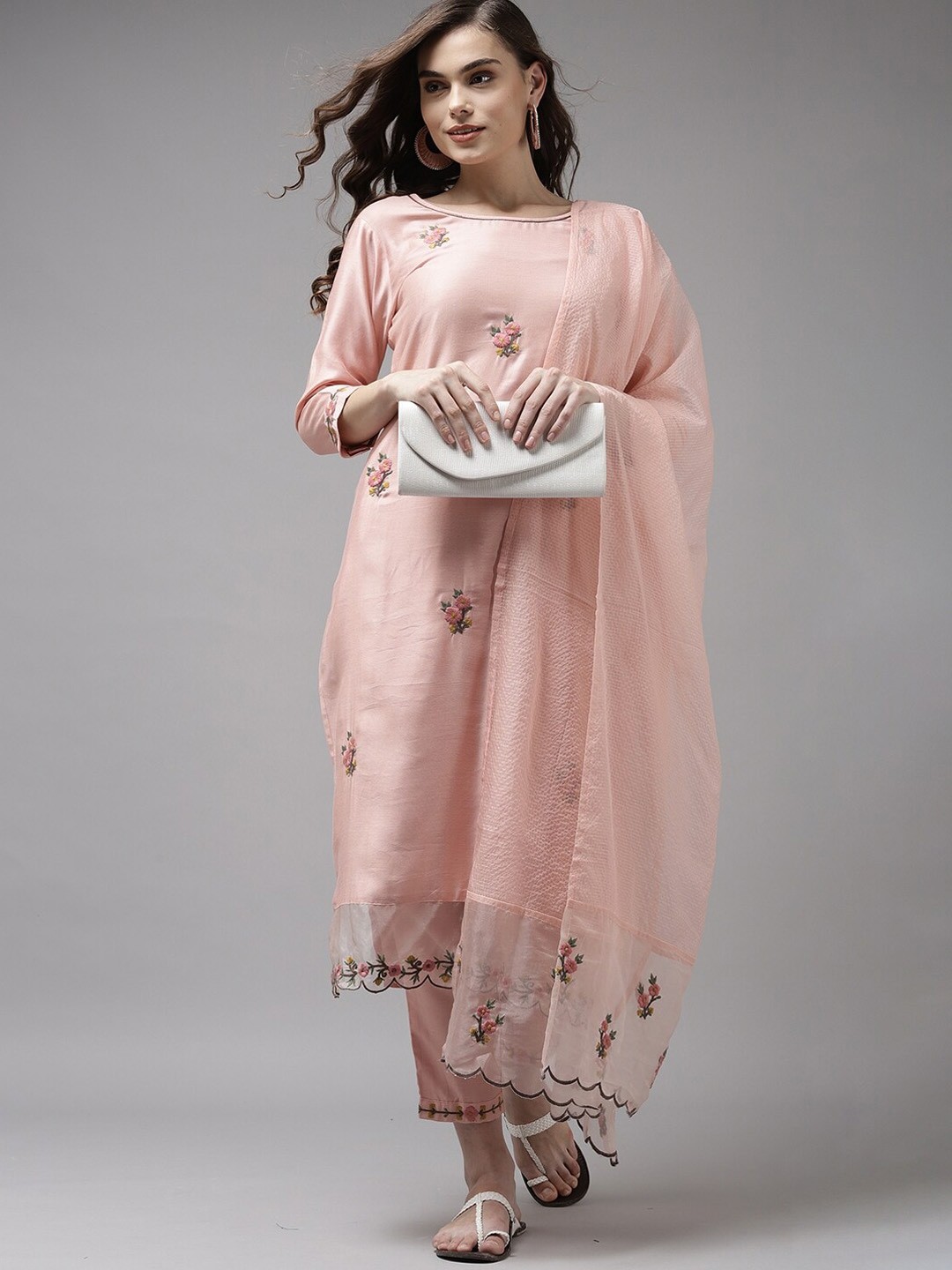 Party Wear Peach Kurta Set With Embroidery Worked Pant And Duppata