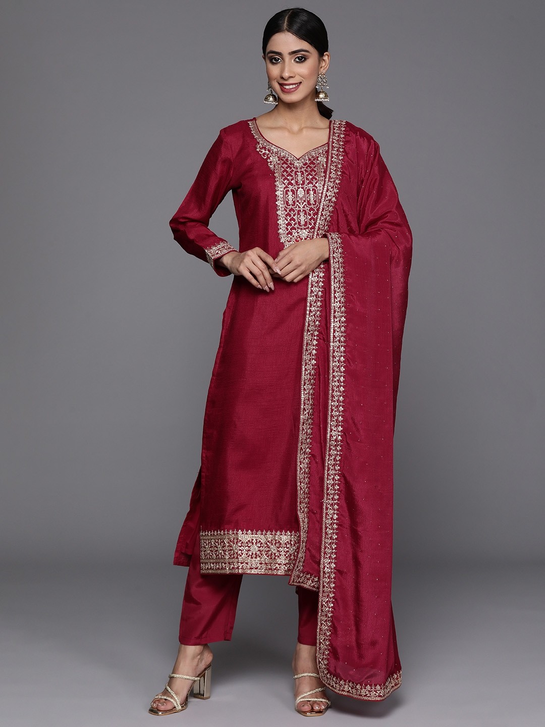 Marron Embroidery Worked Party Wear Kurta Set With Pant And Duppata