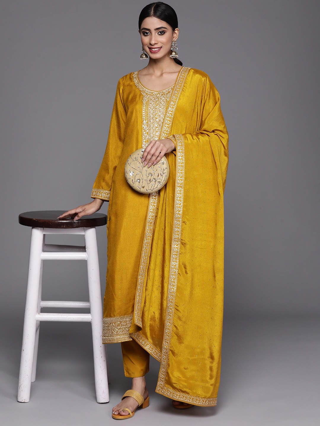 Dupatta and Pants Party Wear Set - Embroidered Yellow Kurta