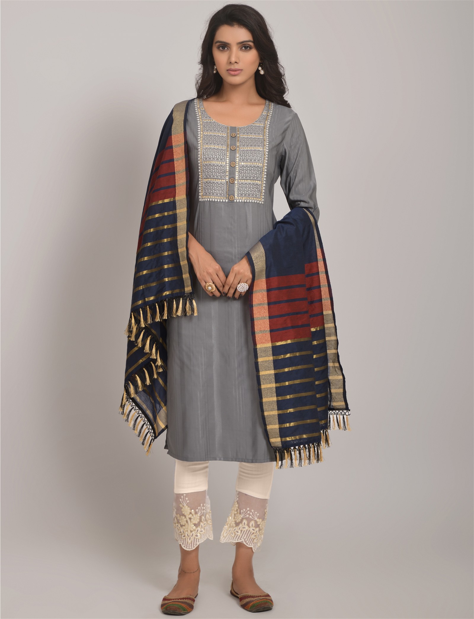 Sparkling Grey Kurta Set - Embroidered Party Wear with Pant and Dupatta