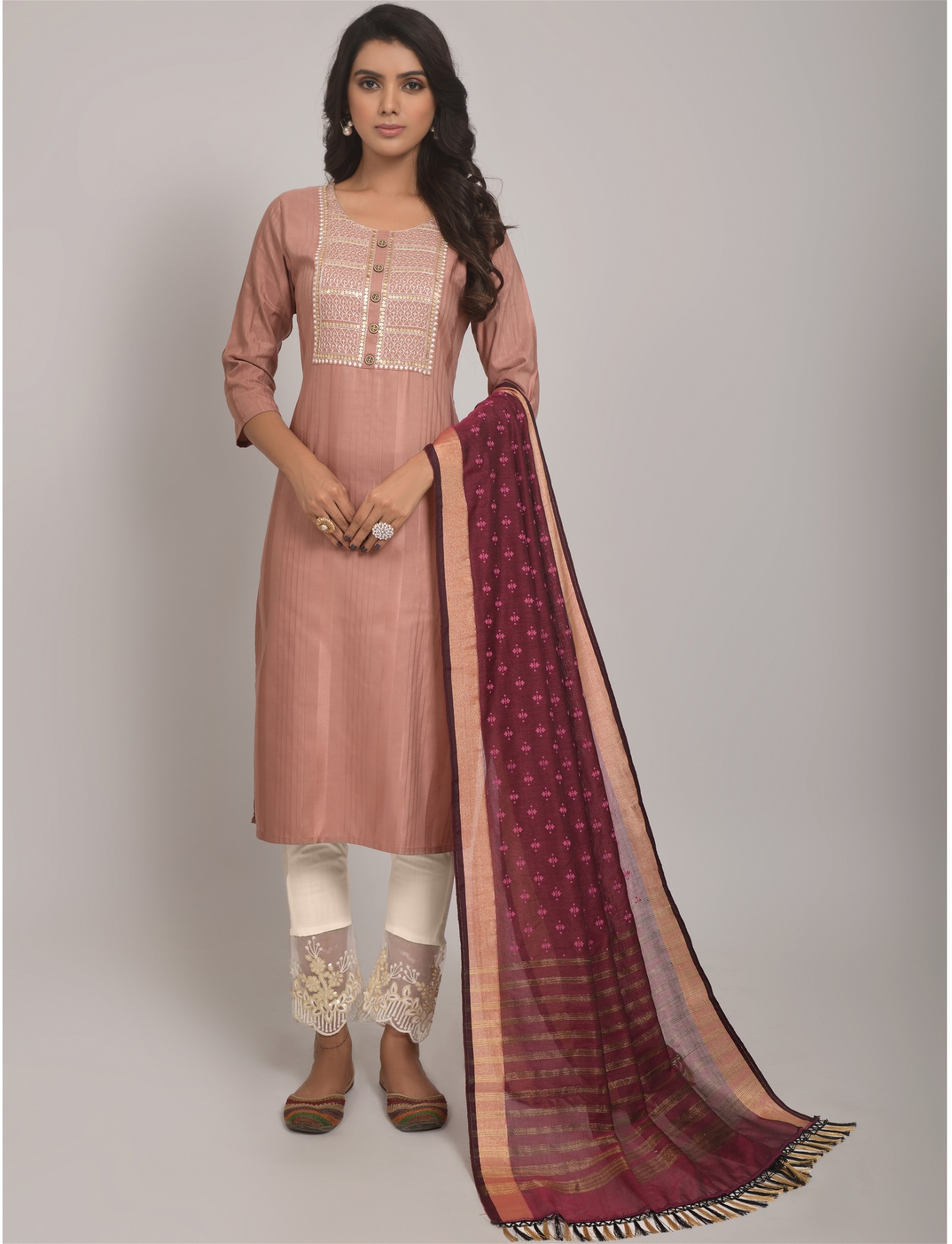 Festive Flair - Embroidered Peach Kurta Set with Pant and Dupatta