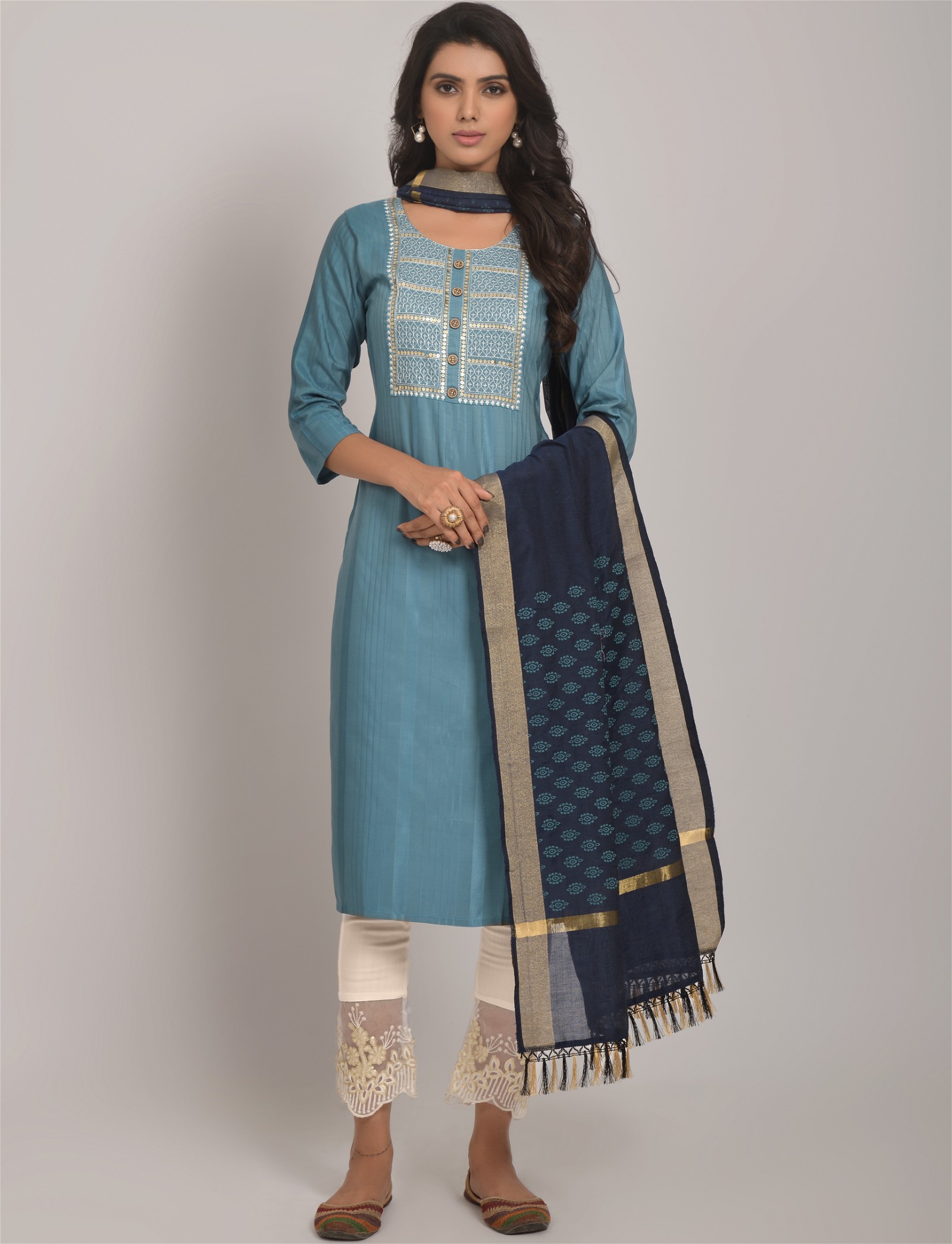 Party Wear Dupatta and Pant Set with Embroidered Sky Blue Kurta