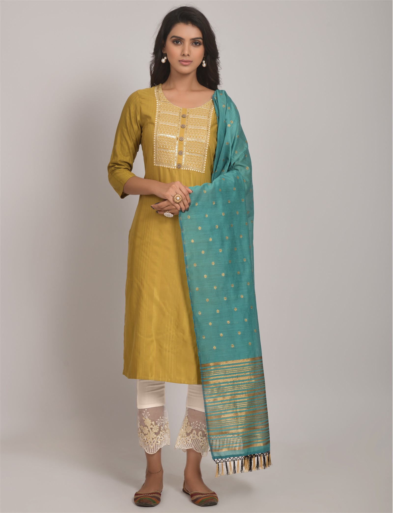 Embroidered Party Wear Set with Pants and Dupatta in Sunshine Yellow