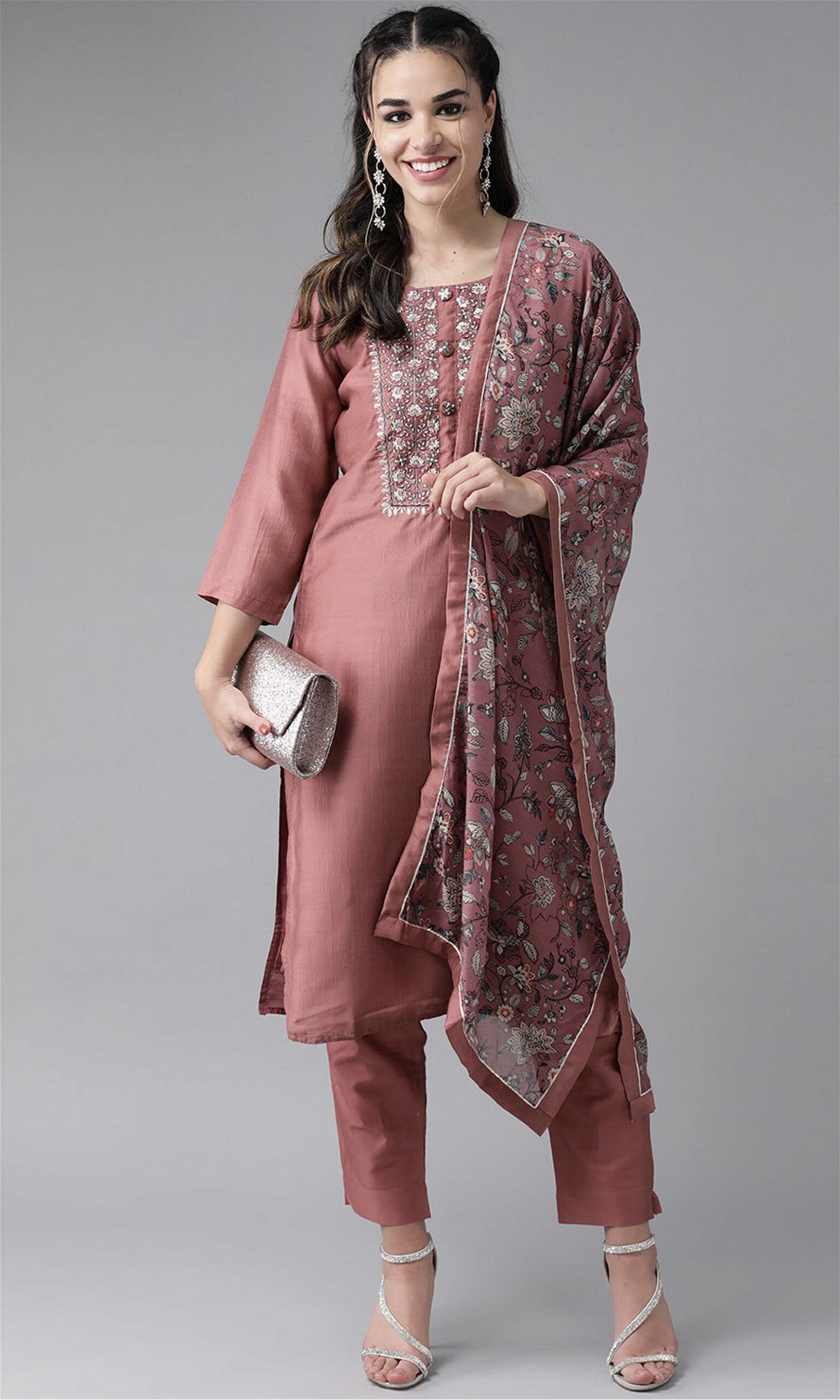 Party Wear Kurta Set with Embroidered Peach Dupatta and Pants