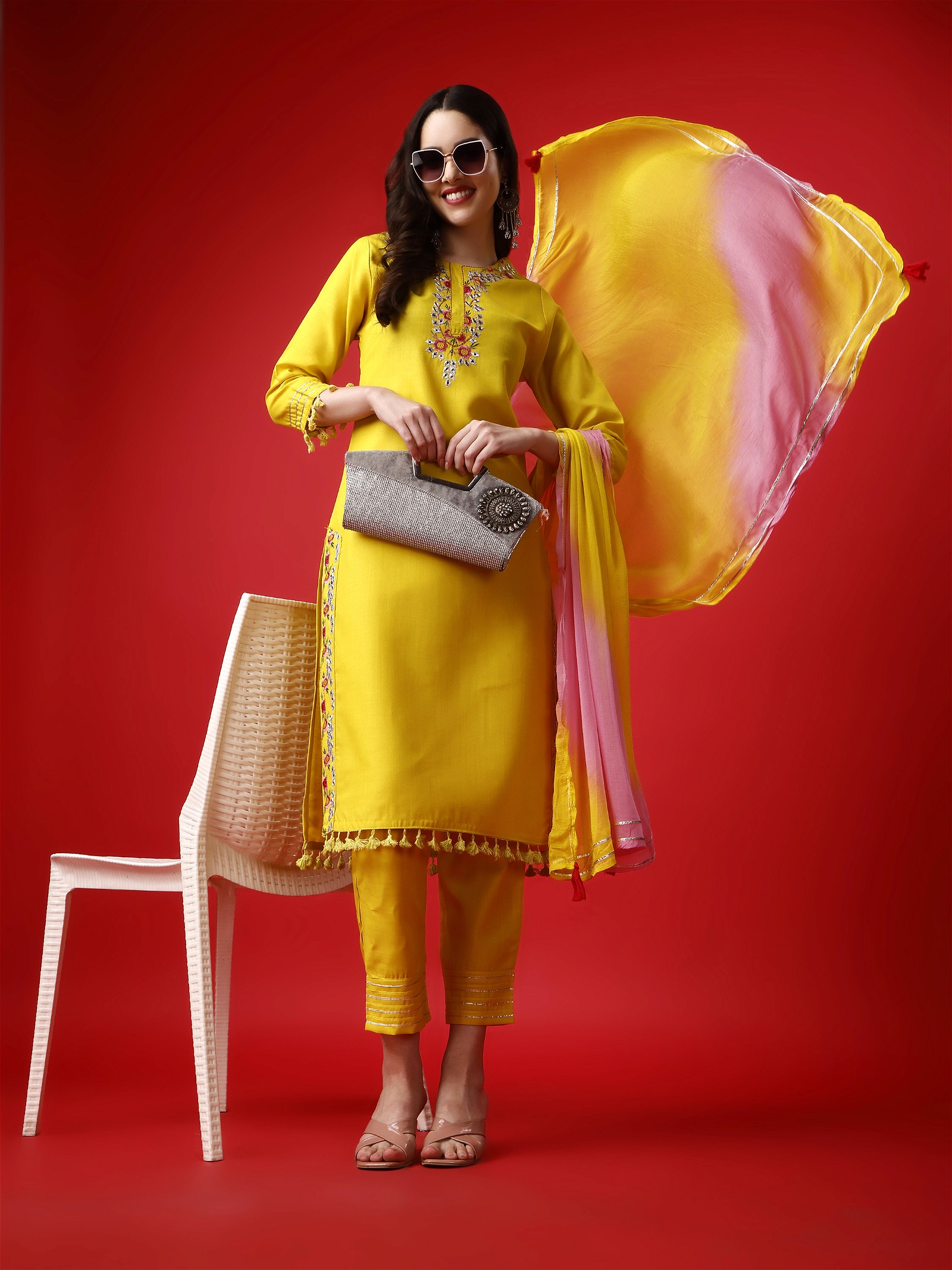 Embroidered Party Wear Kurta Set in Sunshine Yellow with Pants and Dupatta