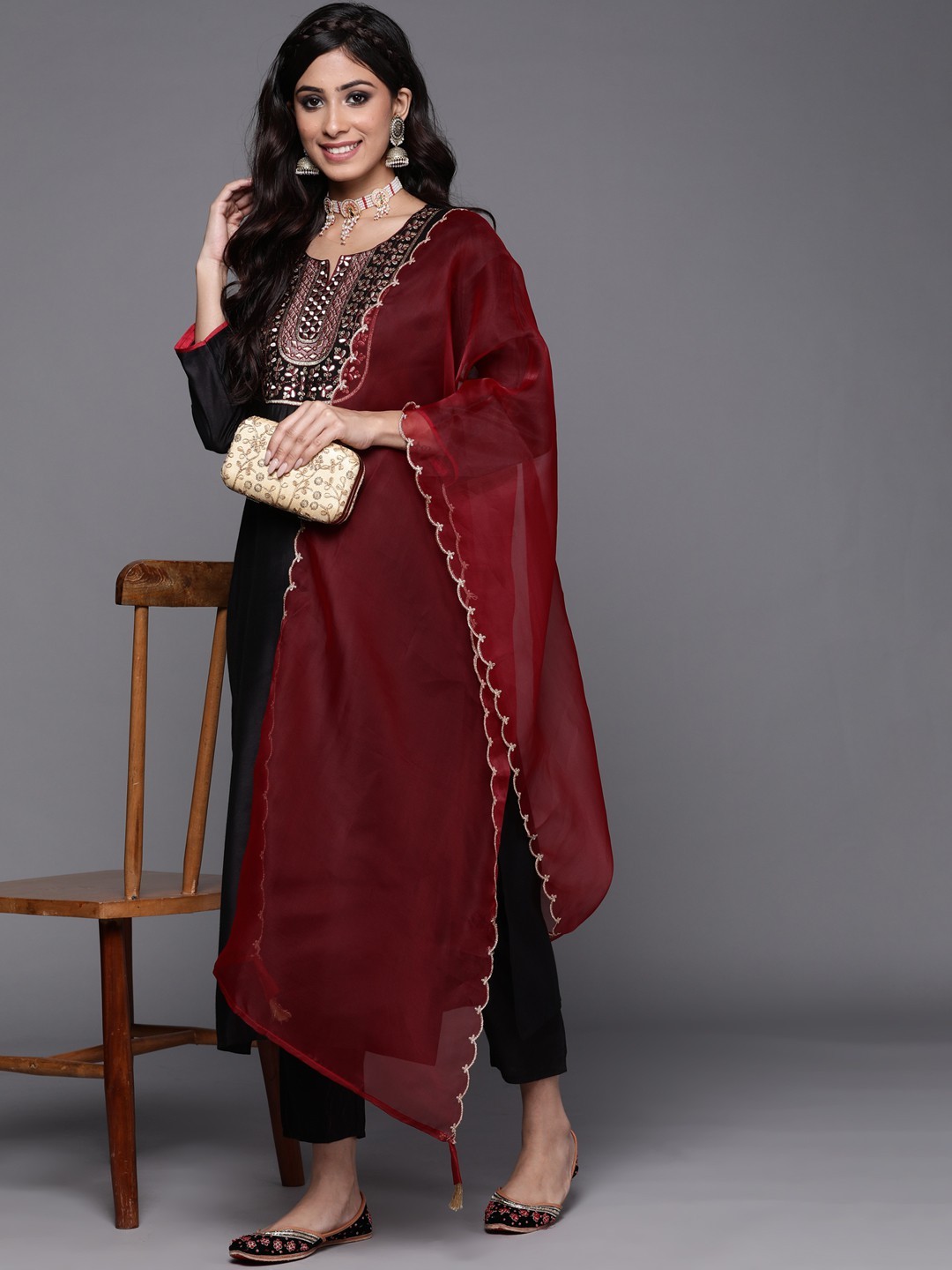 Embroidered Black Party Wear Kurta Set with Pants and Dupatta