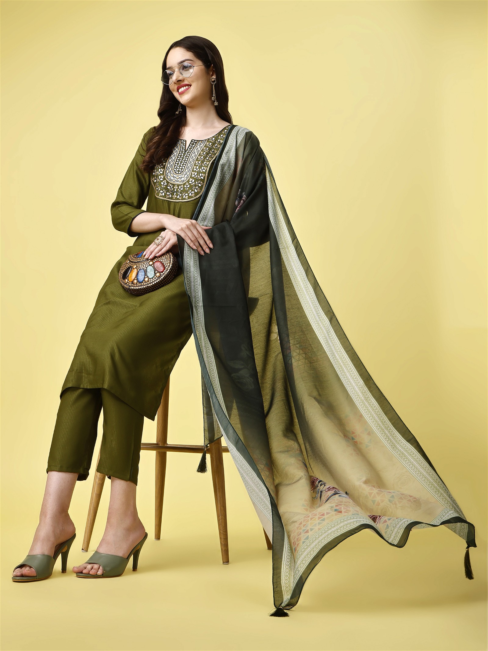 Embroidered Party Wear Kurta in Green with Pant and Dupatta Set