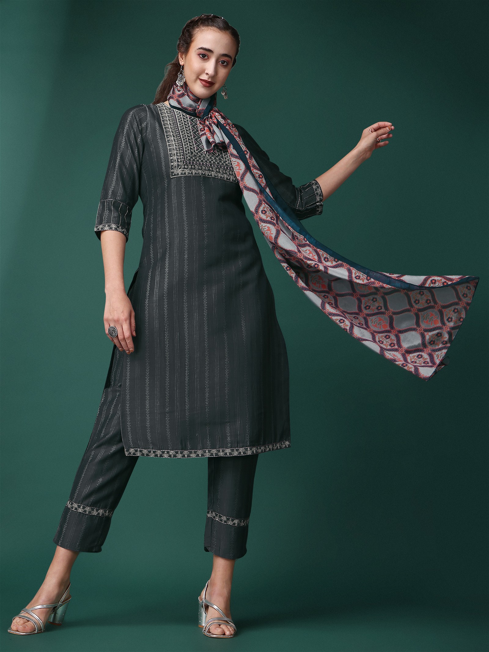 Party Wear Embroidered Kurta in Sophisticated Grey with Pant and Dupatta Set