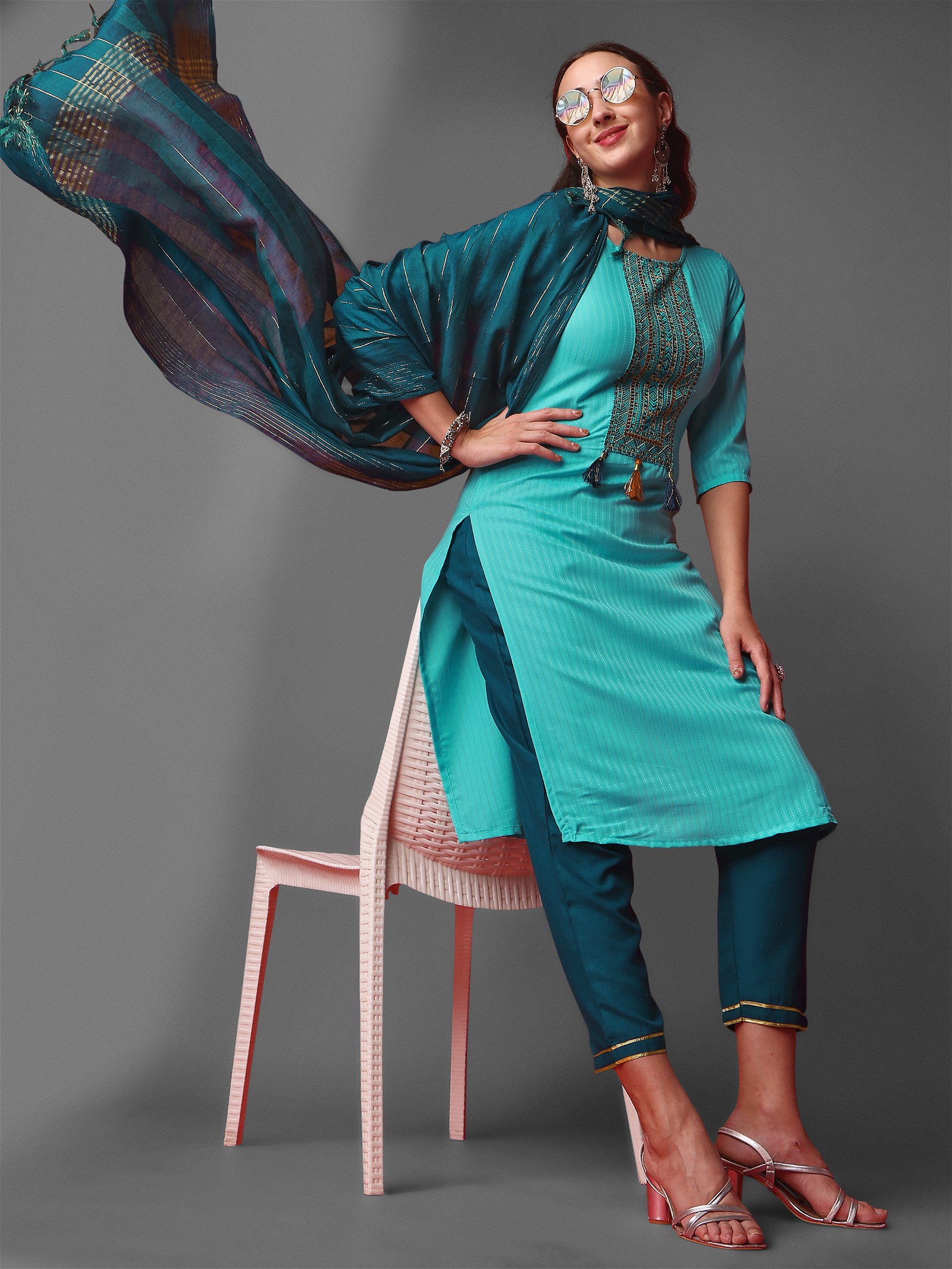 Party Wear Kurta with Delicate Embroidery in Sky Blue, Paired with Pant and Dupatta