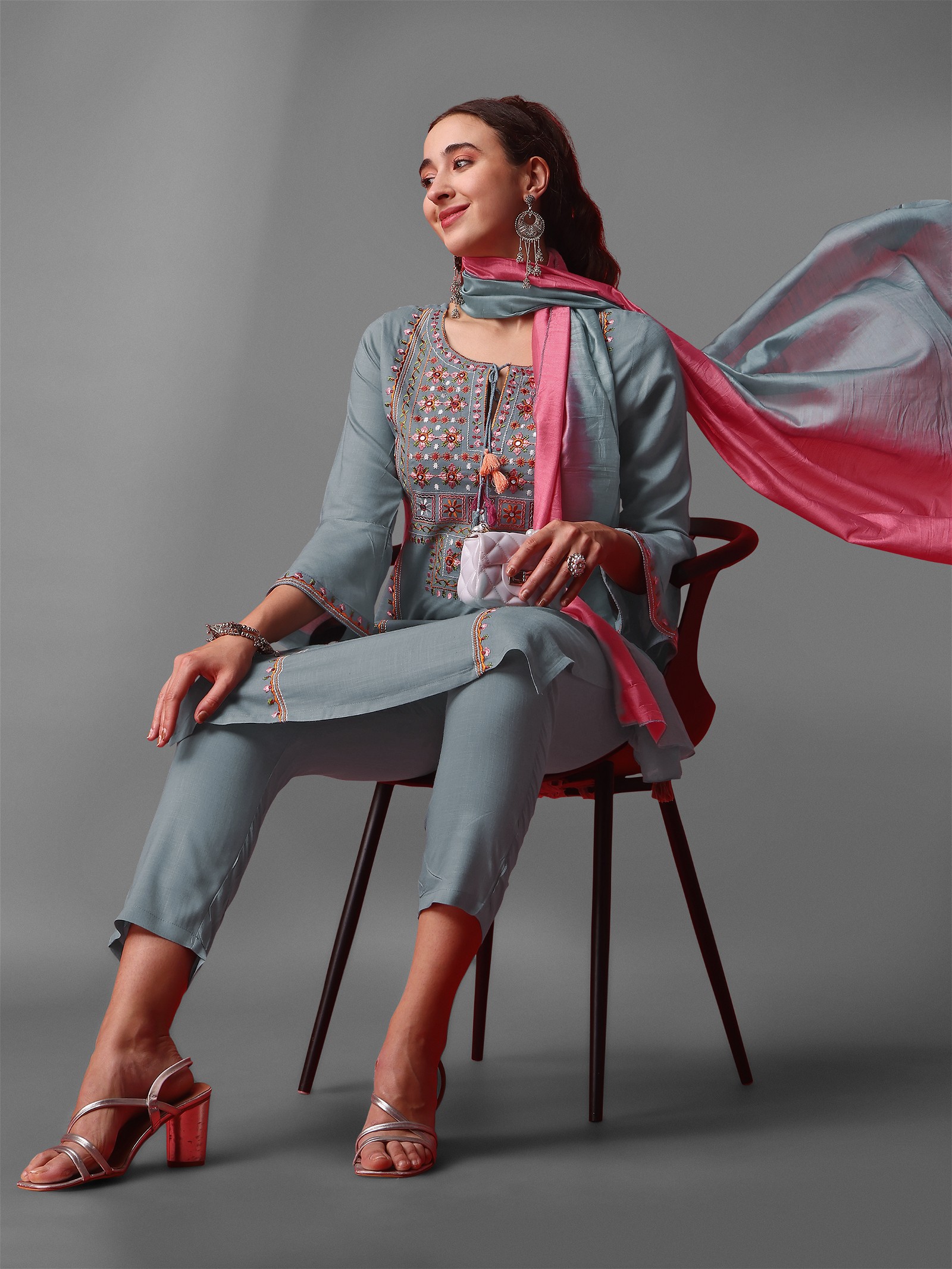 Grey Embroidered Kurta Party Set with Pant