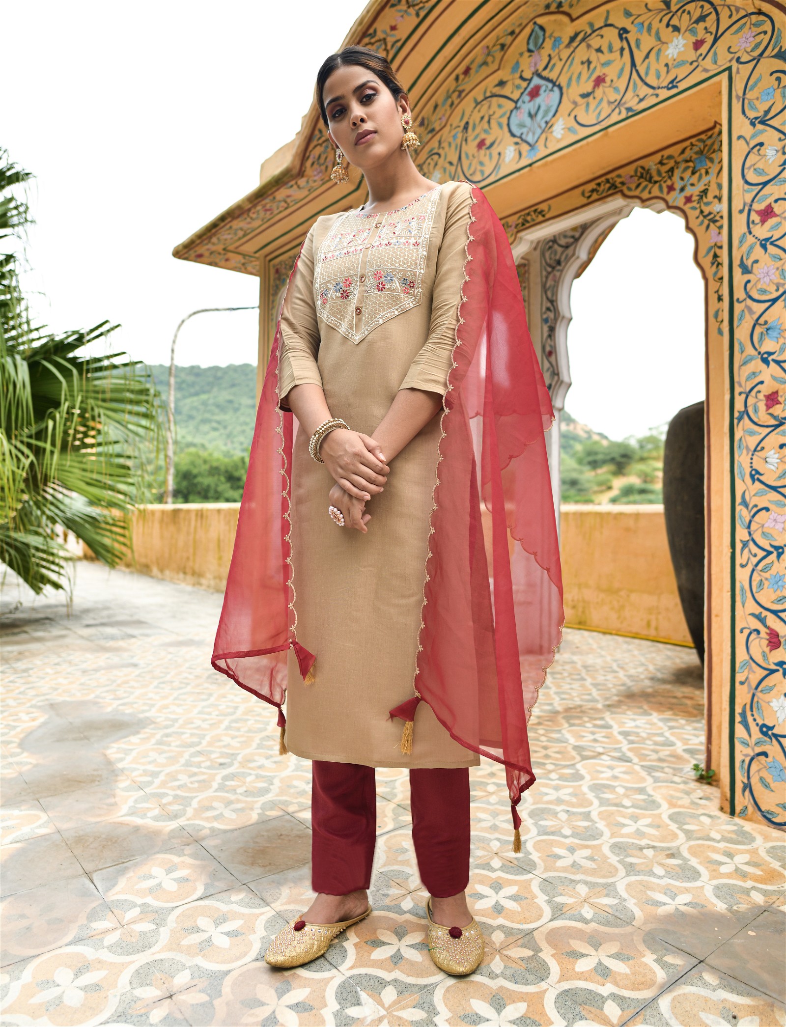 Festive Party Wear Kurta Set in Vibrant Chiku, Featuring Embroidery with Pant and Dupatta