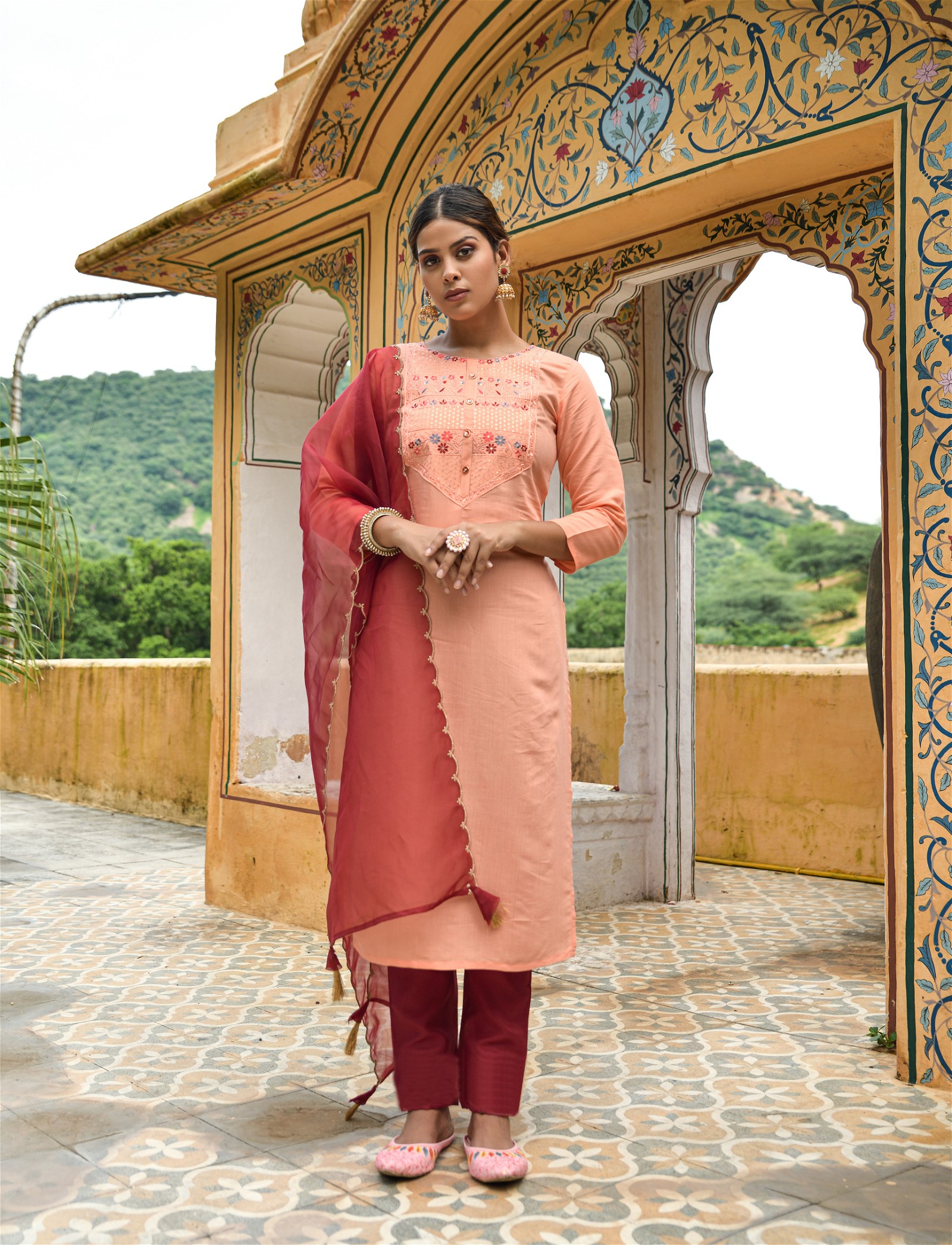 Embroidered Peach Party Kurta Set with Pant and Dupatta