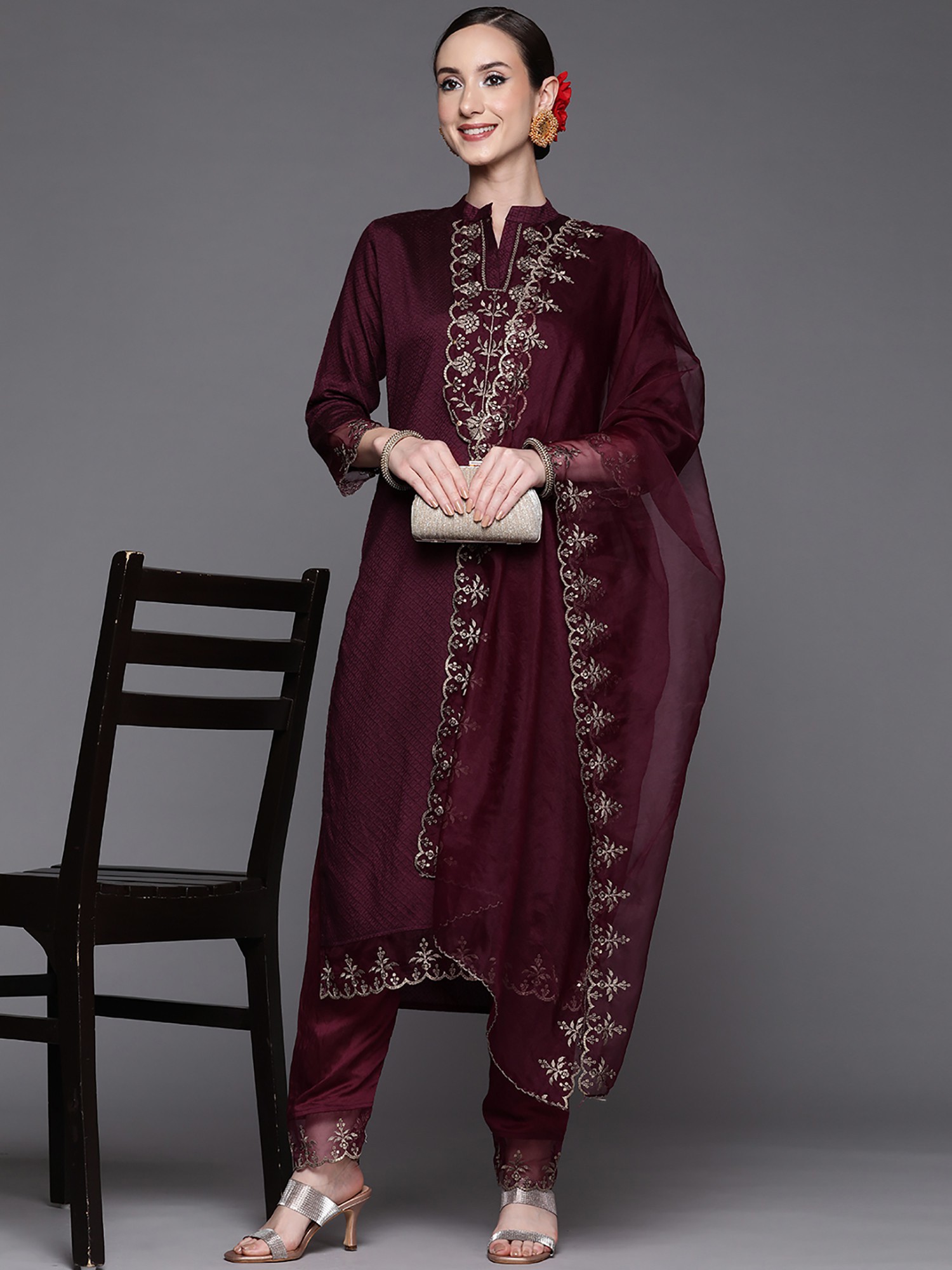 Exquisitely Embroidered Wine Kurta Set for a Glamorous Party, Featuring Pant and Dupatta