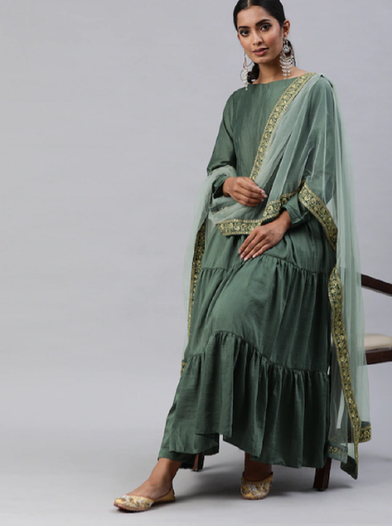 Pant and Dupatta Set in Green with Embroidered Kurta for Party Wear