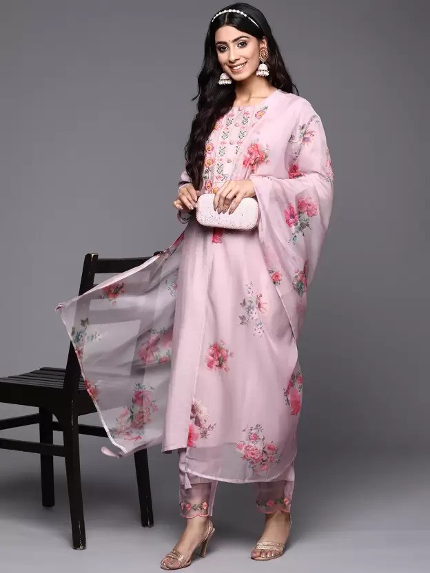 Flowing Embroidered Kurta in Pretty Pink, Party Ready with Pants and Dupatta Set