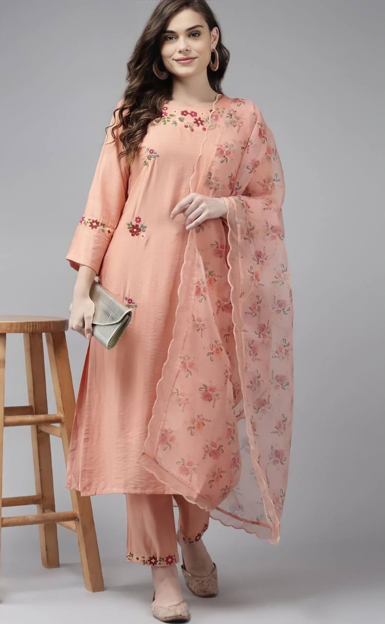 Embroidered Party Wear Kurta Set in Peach with Pant and Dupatta