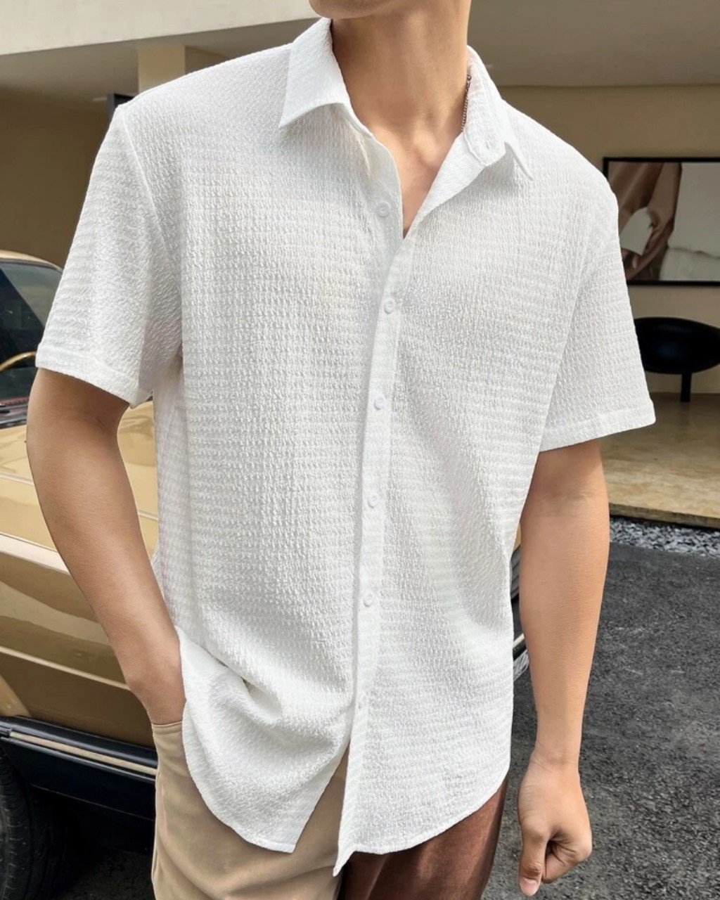 Men's Casual Wear White Structured Cotton Shirt