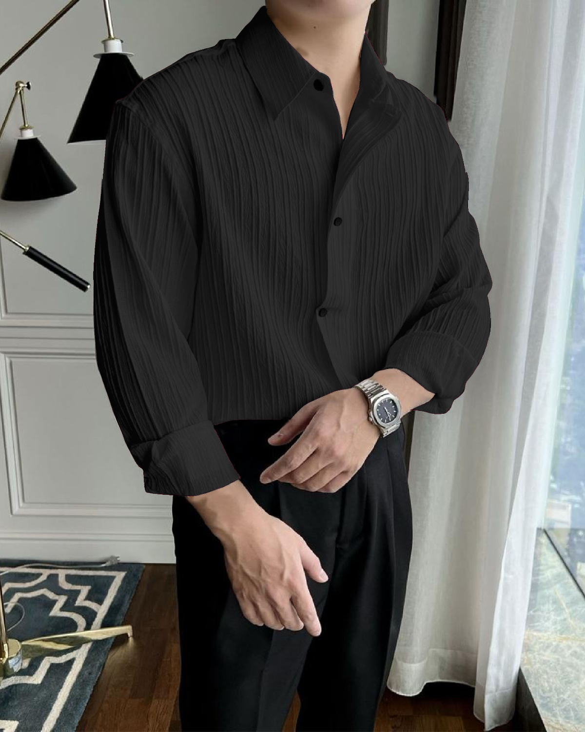 Men's Casual Wear Black Structured Lining Shirt