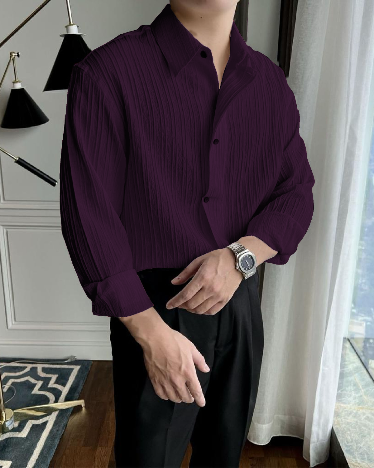 Men's Casual Wear Wine Structured Lining Shirt