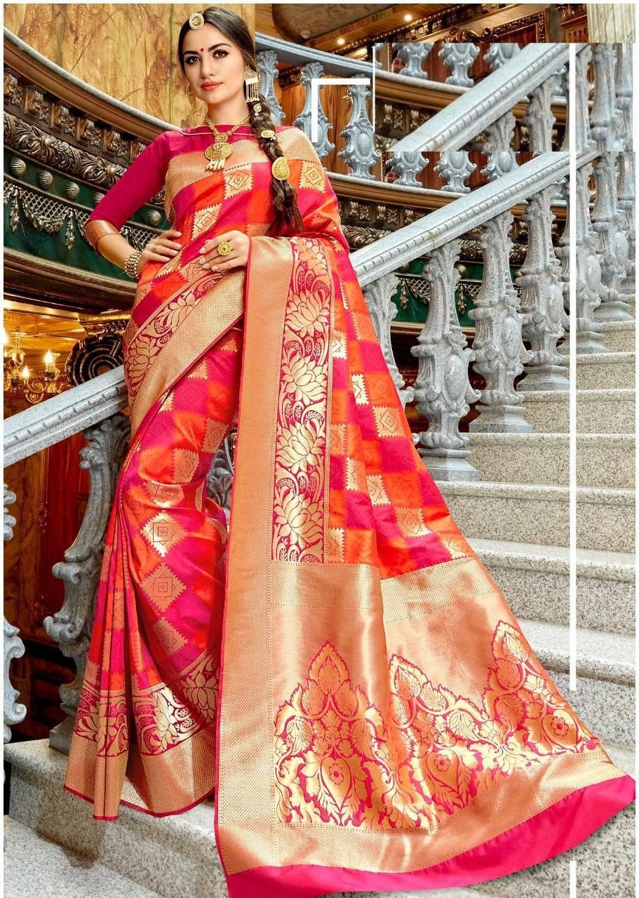 Soft Silk Saree in Pink and Red with Beautiful Jacquard Work and Rich Pallu