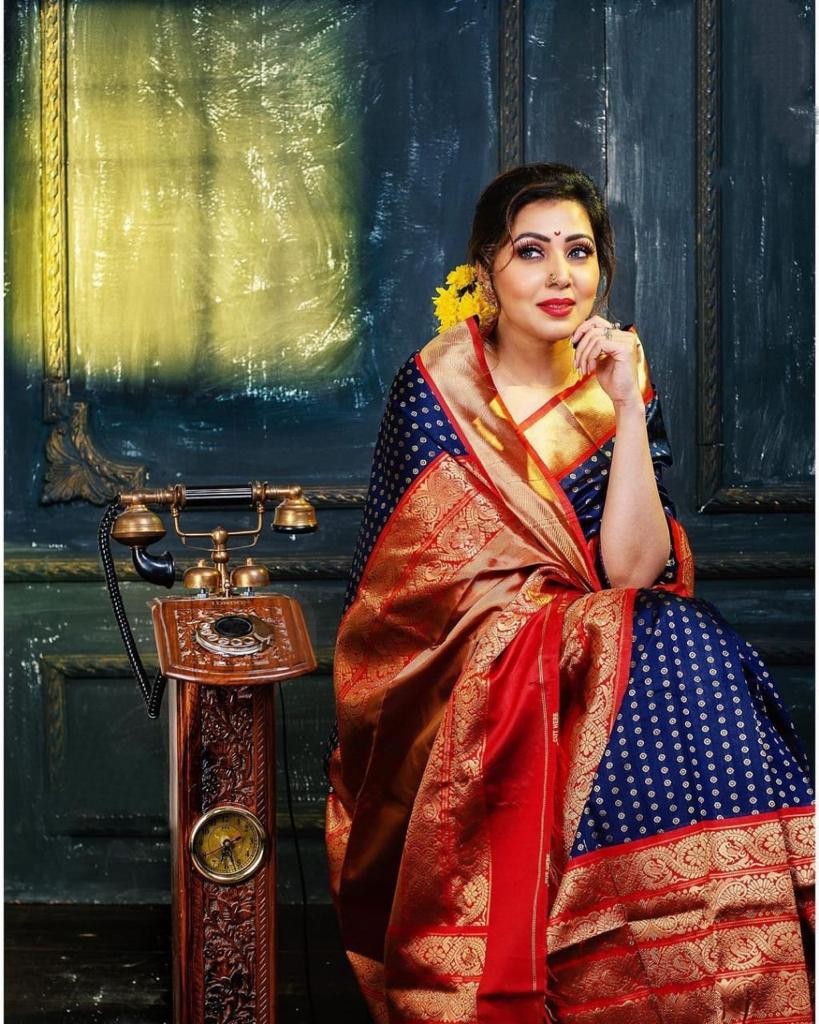 Red and Blue Soft Lichi Silk Saree