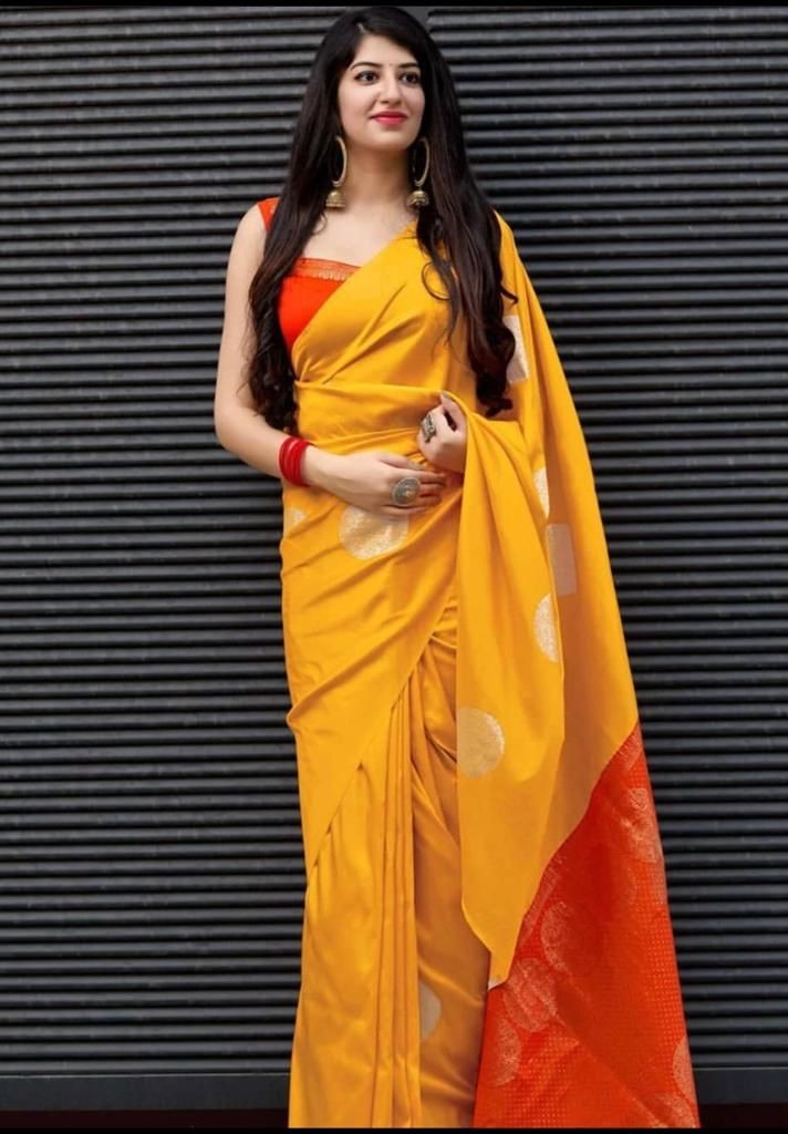 Soft Silk Saree in Radiant Yellow and Crimson, Featuring a Richly Jacquard Pallu