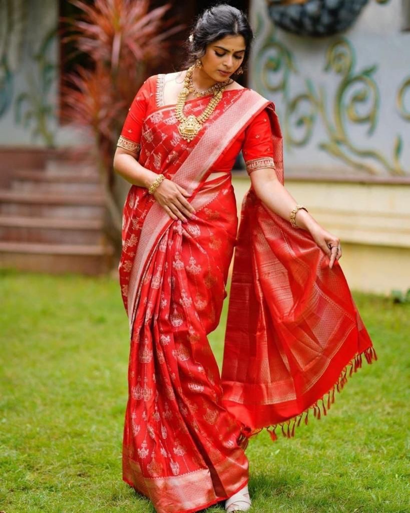 Jacquard Woven Red Lichi Silk Sarees