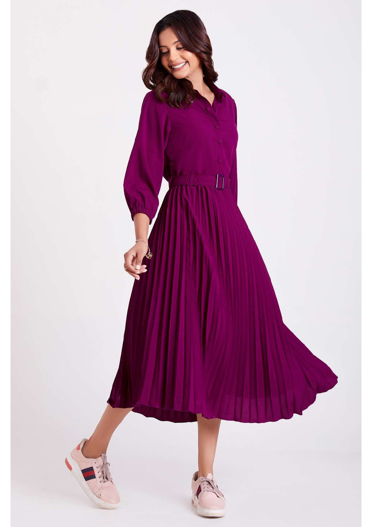 Pan Collar Purple Pleated Western Wear Dress for Women