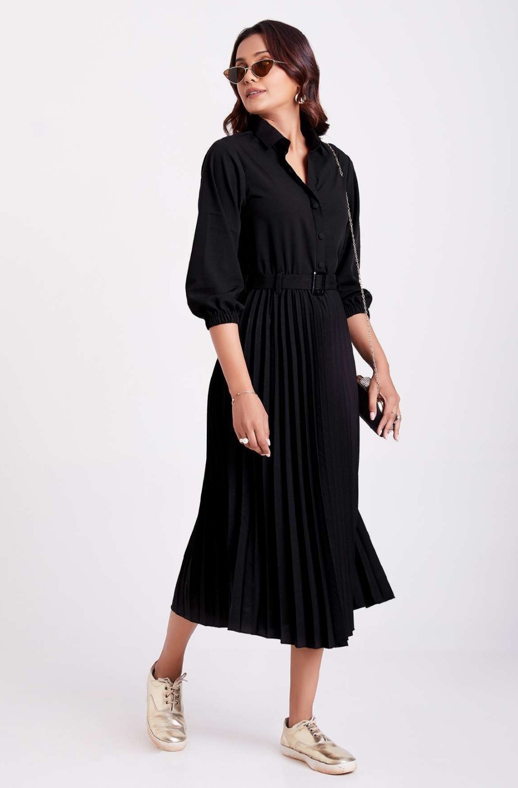 Black Pleated Western Wear Dress for Women