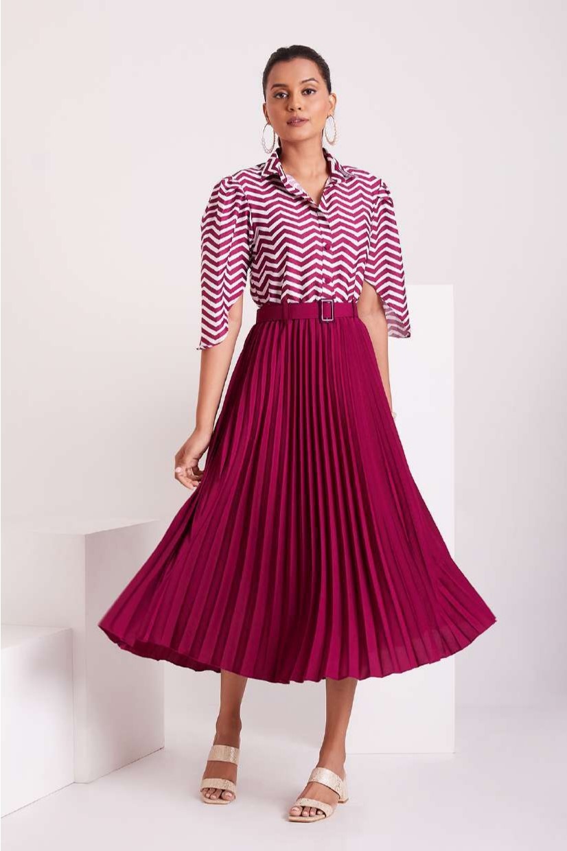 Stylish Purple and White Pleated Western Wear Dress For Women